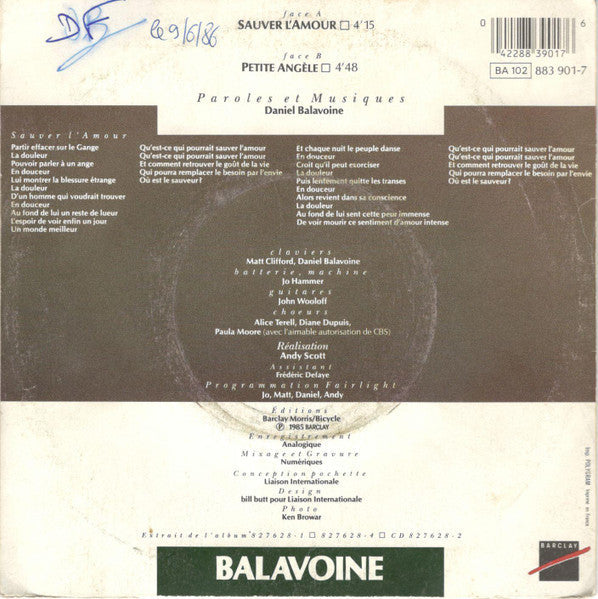 Balavoine - Sauver L'Amour Vinyl Singles Vinyl Zeer Goed / Hoesje Goed "VINYLSINGLES.NL"