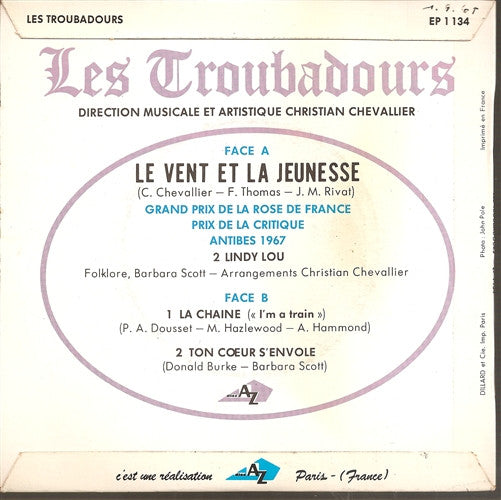 Les Troubadours - Le Vent Et La Jeunesse 32215 Vinyl Singles EP Vinyl Goed / Hoes Goed