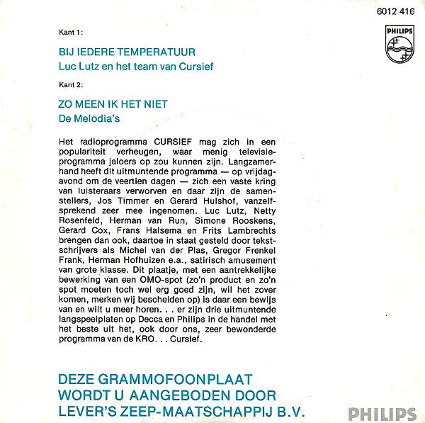 Luc Lutz Met Het Team Van Cursief / De Melodia's - Bij Iedere Temperatuur 28937