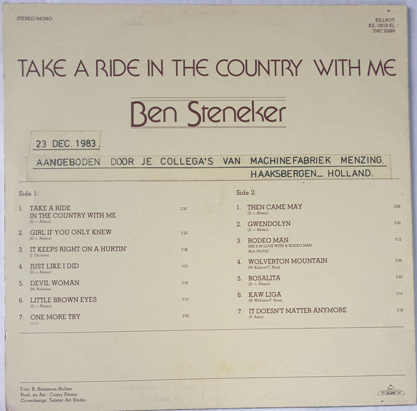 Ben Steneker - Take A Ride To The Country With Me (LP) Vinyl LP Vinyl Zeer Goed / Hoesje Goed "VINYLSINGLES.NL"
