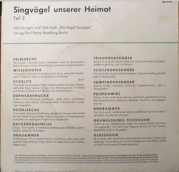 No Artist - Singvögel Unserer Heimat - Teil 2 36982 Vinyl Singles Vinyl Goed / Hoes Goed