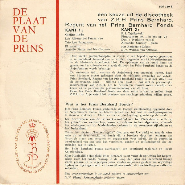 Z.K.H. Prins Bernhard, Various - De Plaat Van De Prins - Anjeractie 1961 03853 Vinyl Singles Vinyl Goed / Hoes Goed