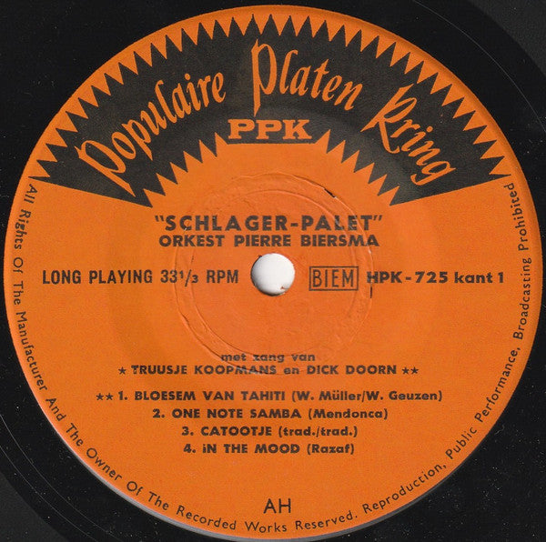 Pierre Biersma En Zijn Orkest Met Zang van Truusje Koopmans En Dick Doorn - Schlager Palet 37327 Vinyl Singles EP Vinyl Goed / Hoes Goed