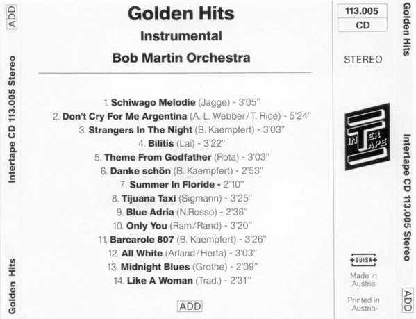Bob Martin Orchestra - Golden Hits Instrumental (CD) 70468 Compact Disc Goede Staat
