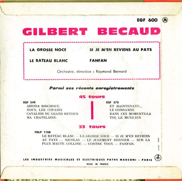 Gilbert Bécaud - La Grosse Noce Vinyl Singles EP Vinyl Zeer Goed / Hoesje Goed "VINYLSINGLES.NL"