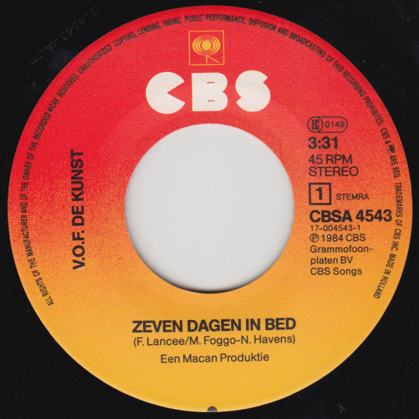 V.O.F. De Kunst - Zeven Dagen In Bed 14944 Vinyl Singles Vinyl Goed / Hoes Goed
