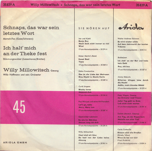 Willy Millowitsch - Schnaps, Das War Sein Letztes Wort Vinyl Singles Vinyl Goed / Hoes Goed