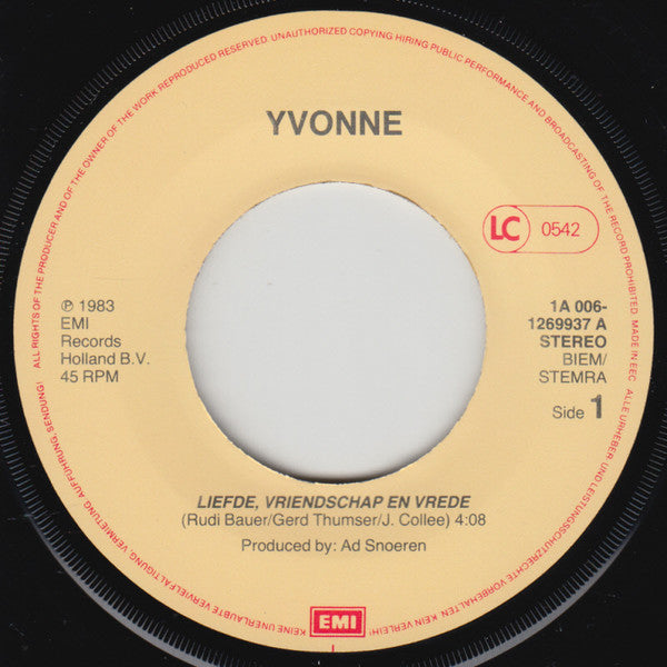 Yvonne - Liefde Vriendschap En Vrede 15426 Vinyl Singles Vinyl Goed / Hoes Goed