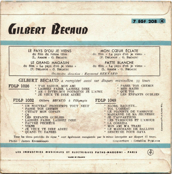 Gilbert Bécaud - Le Pays D'où Je Viens (B-Keus) Vinyl Singles EP Vinyl (G) <br> Hoes (F) "VINYLSINGLES.NL"