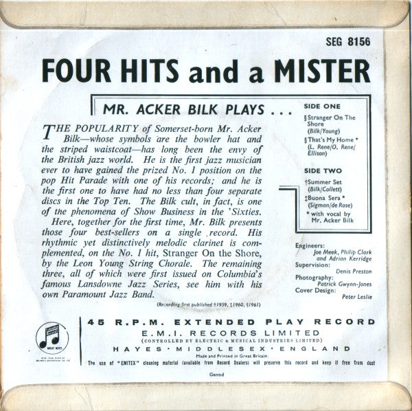 Acker Bilk - Four Hits And A Mister Vinyl Singles EP Vinyl Zeer Goed / Hoesje Goed "VINYLSINGLES.NL"