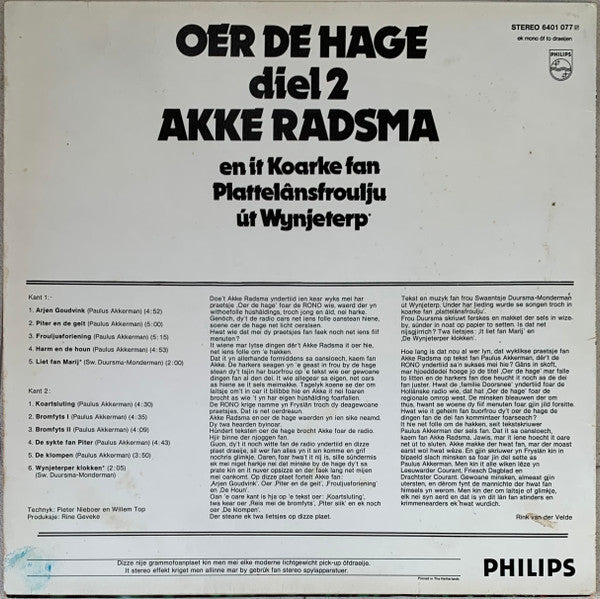 Akke Radsma - Oer de hage diel 2 (LP) Vinyl LP Vinyl Zeer Goed / Hoesje Goed "VINYLSINGLES.NL"