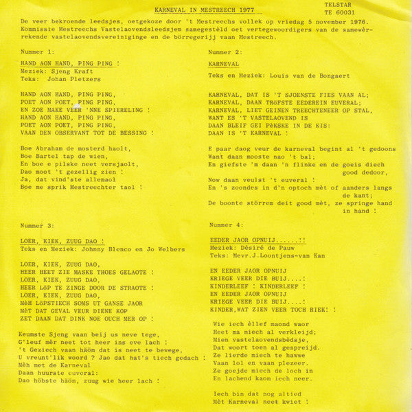 Various - Karneval In Mestreech 1977 33205 Vinyl Singles EP Vinyl Goed / Hoes Goed