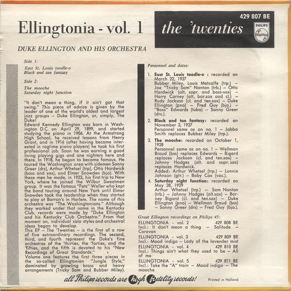 Duke Ellington - Ellingtonia - Vol. * The Twenties Vinyl Singles EP Vinyl Zeer Goed / Hoesje Goed "VINYLSINGLES.NL"