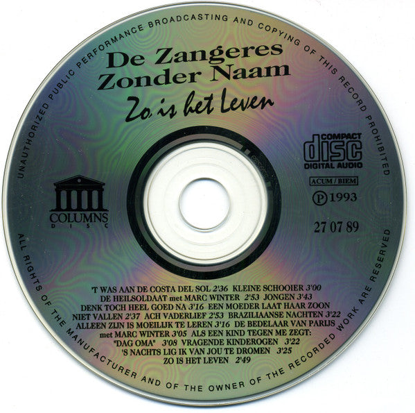 Zangeres Zonder Naam - Zo Is Het Leven (CD) 70367 Compact Disc Vinyl Goed / Hoes Goed