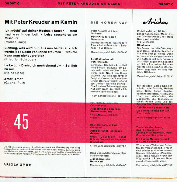 Peter Kreuder - Mit Peter Kreuder Am Kamin 17010 Vinyl Singles Vinyl Goed / Hoes Goed