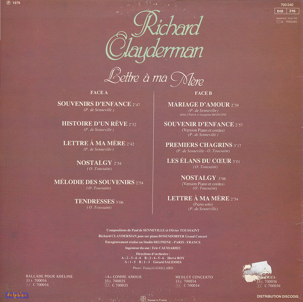 Richard Clayderman - Lettre A Me Mere (LP) 45076 Vinyl LP Vinyl Goed / Hoes Goed