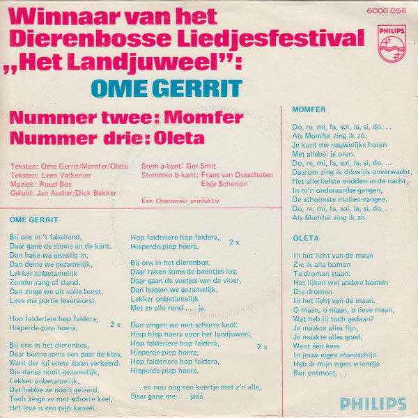Fabeltjeskrant - Winnaars van het Dierebosse Liedjesfestival Het Landjuweel 17724 Vinyl Singles Vinyl Goed / Hoes Goed