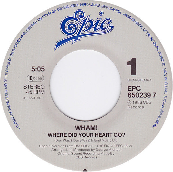 Wham - Where Did Your Heart Go 15522 Vinyl Singles Vinyl Goed / Hoes Goed