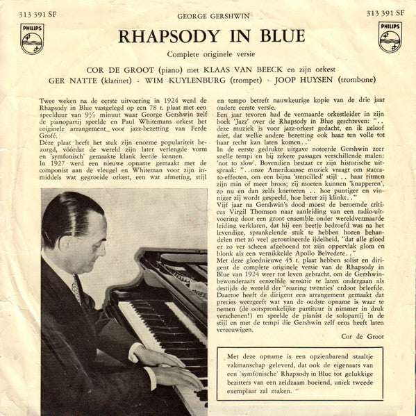 Cor de Groot, Klaas Van Beeck And His Orchestra - Rhapsody In Blue Vinyl Singles Vinyl Zeer Goed / Hoesje Goed "VINYLSINGLES.NL"