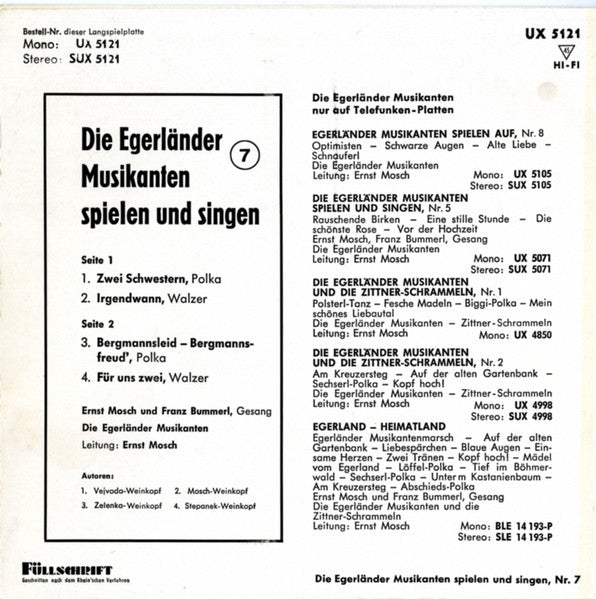 Egerlander Musikanten - Die Egerlander Musikanten Spielen Und Singen - Nr.7 Vinyl Singles EP Vinyl Zeer Goed / Hoesje Goed "VINYLSINGLES.NL"