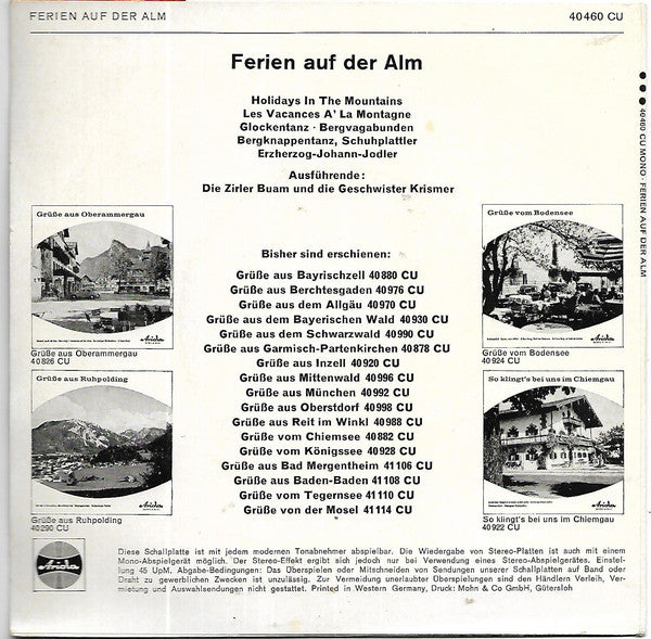 Zirler Buam Und Die Geschwister Krismer - Ferien auf der Alm 43617 Vinyl Singles EP Vinyl Goed / Hoes Goed