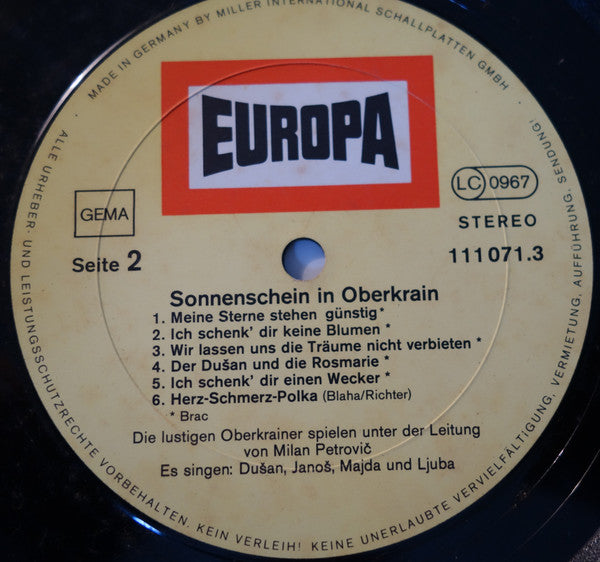 Lustigen Oberkrainer, Milan Petrović - Sonnenschein In Oberkrain (LP) 42468 Vinyl LP Vinyl Goed / Hoes Goed