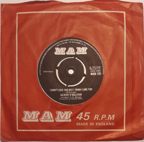 Gilbert O'Sullivan - I Don't Love You But I Think I Like You Vinyl Singles Vinyl Zeer Goed / Hoesje Generic "VINYLSINGLES.NL"