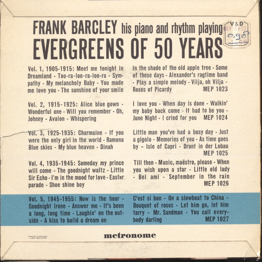 Frank Barcley His Piano And Rhythm - Evergreens Vol. --** Vinyl Singles Vinyl Zeer Goed / Hoesje Goed "VINYLSINGLES.NL"