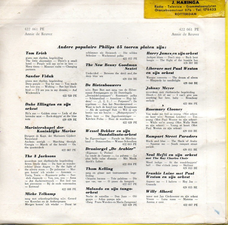 Annie de Reuver En Karel van der Velden - Het Lied Van Het Pierement Vinyl Singles EP Vinyl Zeer Goed / Hoesje Goed "VINYLSINGLES.NL"