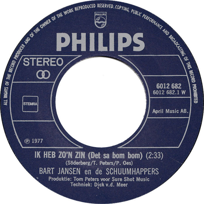 Bart Jansen En De Schuumhappers - Ik Heb Zo'n Zin 33426 Vinyl Singles Vinyl Goed / Hoes Goed
