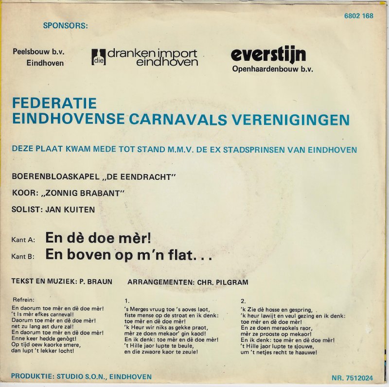 Federatie Eindhovense Carnavalsverenigingen - En De Doe Mer 15741 Vinyl Singles Vinyl Goed / Hoes Goed