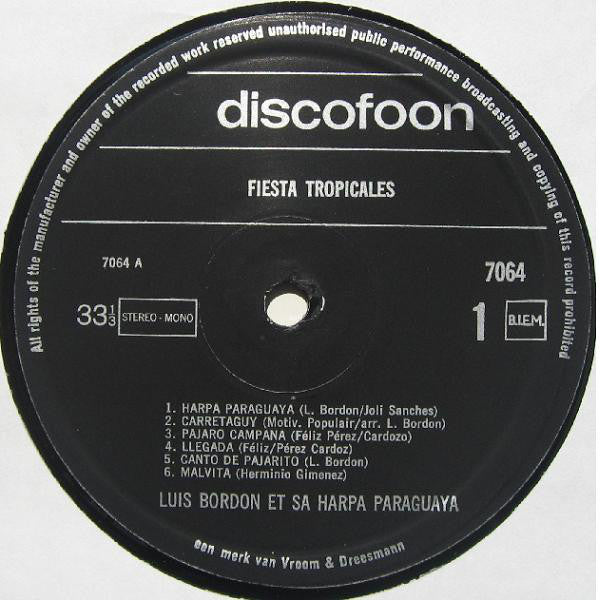 Luis Bordon Et Sa Harpa Paraguaya - Fiesta Tropicales (LP) 40498 Vinyl LP Vinyl Goed / Hoes Goed