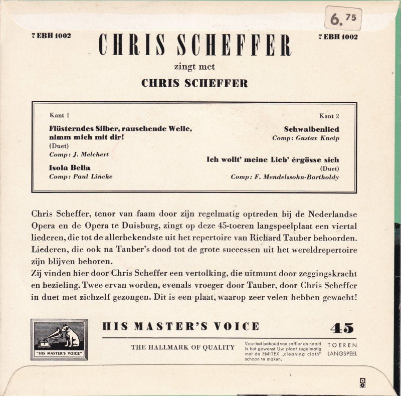 Chris Scheffer Zingt Met Christ Scheffer - Flüsterades Silber, Rauschende Welle, Nimm Mich Mit Dir Vinyl Singles EP Vinyl Zeer Goed / Hoesje Goed "VINYLSINGLES.NL"