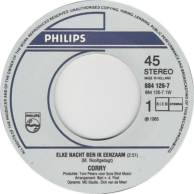 Corry - Elke Nacht Ben Ik Eenzaam 06316 Vinyl Singles Vinyl Goed / Hoes Goed