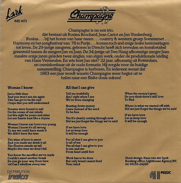 Champagne - Woman I Know Vinyl Singles Vinyl Zeer Goed / Hoesje Goed "VINYLSINGLES.NL"