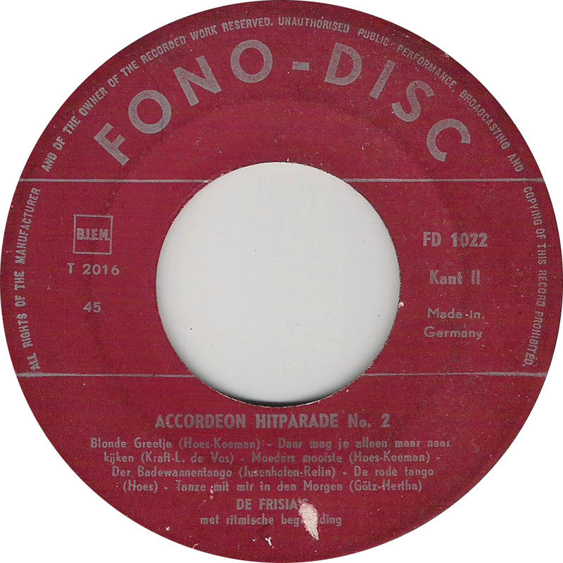 Frisia's - Accordeon Hitparade No. 2 02627 Vinyl Singles EP Vinyl Goed / Hoes Generic