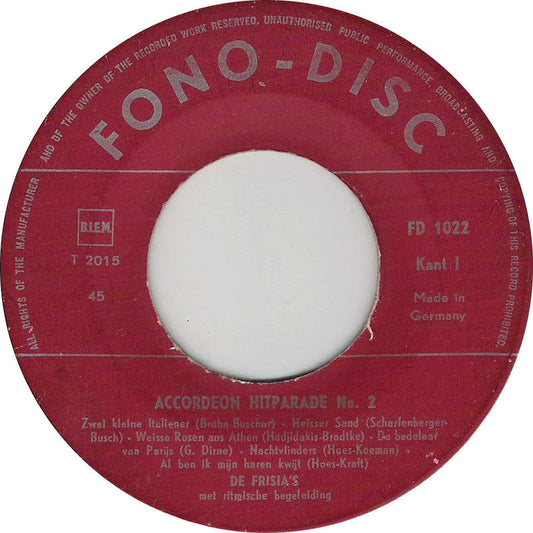 Frisia's - Accordeon Hitparade No. 2 02627 Vinyl Singles EP Vinyl Goed / Hoes Generic
