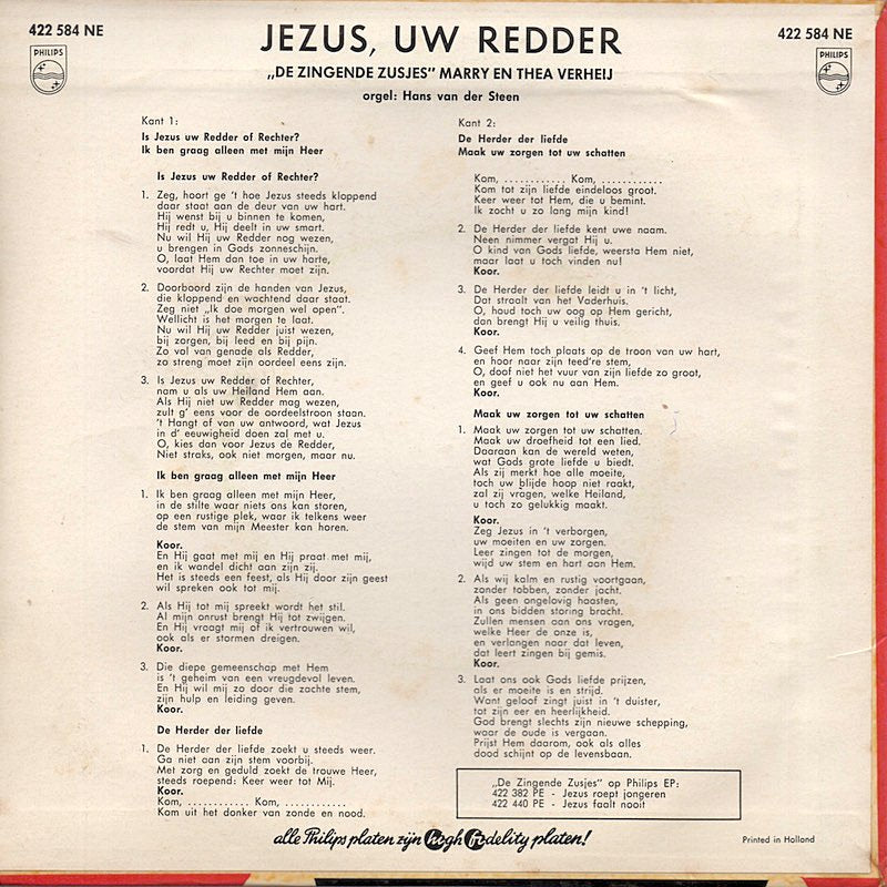Zingende Zusjes Marry En Thea Verhey - Jezus Uw Redder 17654 Vinyl Singles EP Vinyl Goed / Hoes Goed