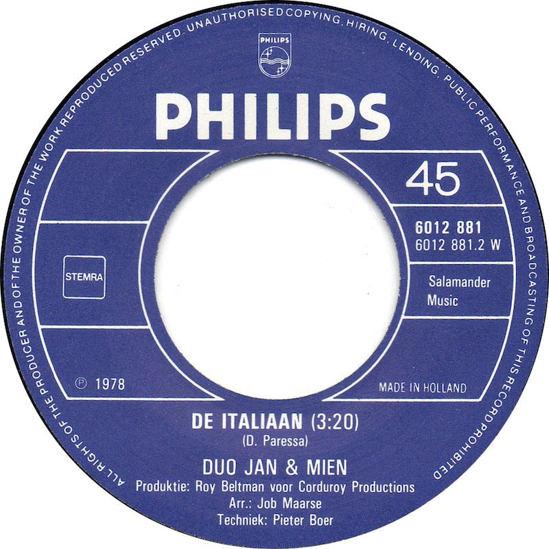 Duo Jan En Mien - De Zuidenwind (B) Vinyl Singles Vinyl Goed / Hoes Redelijk