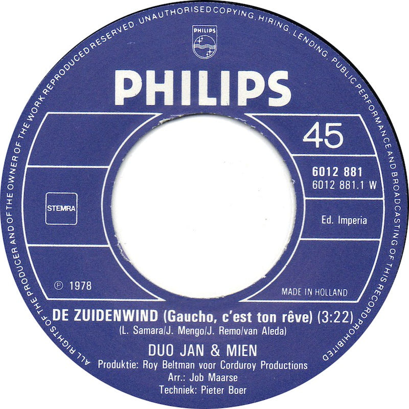 Duo Jan En Mien - De Zuidenwind (B) Vinyl Singles Vinyl Goed / Hoes Redelijk