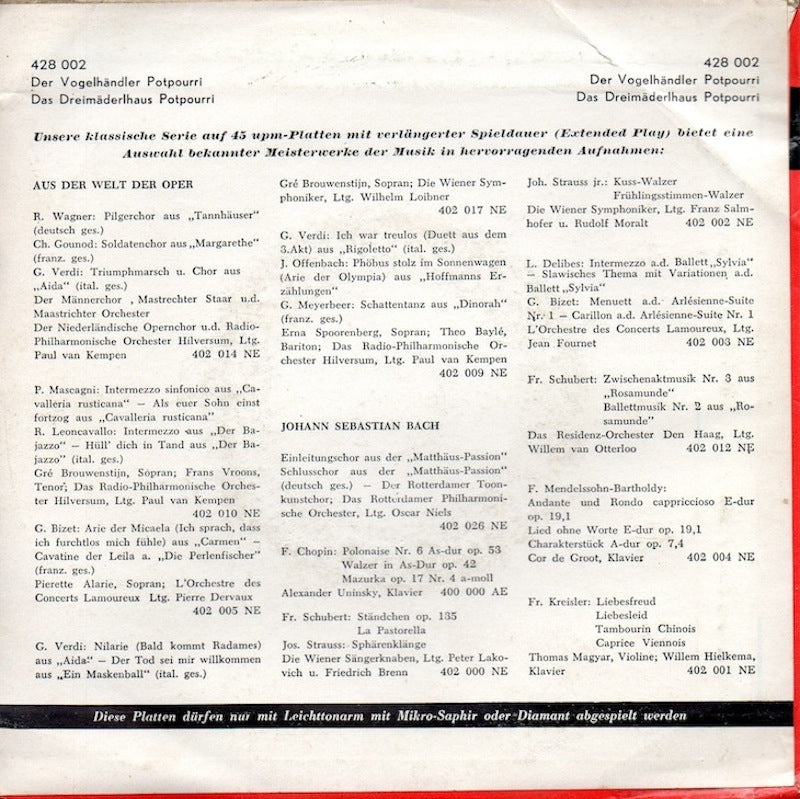 Various - Der Vogelhandler Potpourri 17826 Vinyl Singles Vinyl Goed / Hoes Goed