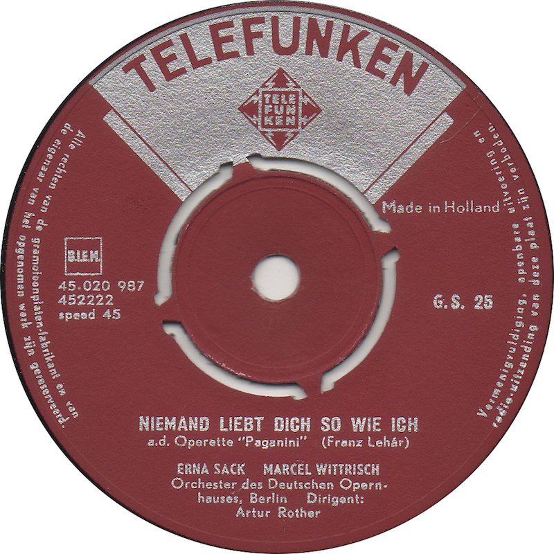 Erna Sack - Marcel Wittrisch - Niemand Liebt Dich So Wie Ich Vinyl Singles Vinyl Zeer Goed / Hoesje Goed "VINYLSINGLES.NL"