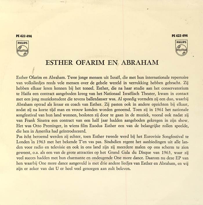 Esther Ofarim And Abraham - One More Dance Vinyl Singles EP Vinyl Zeer Goed / Hoesje Goed "VINYLSINGLES.NL"