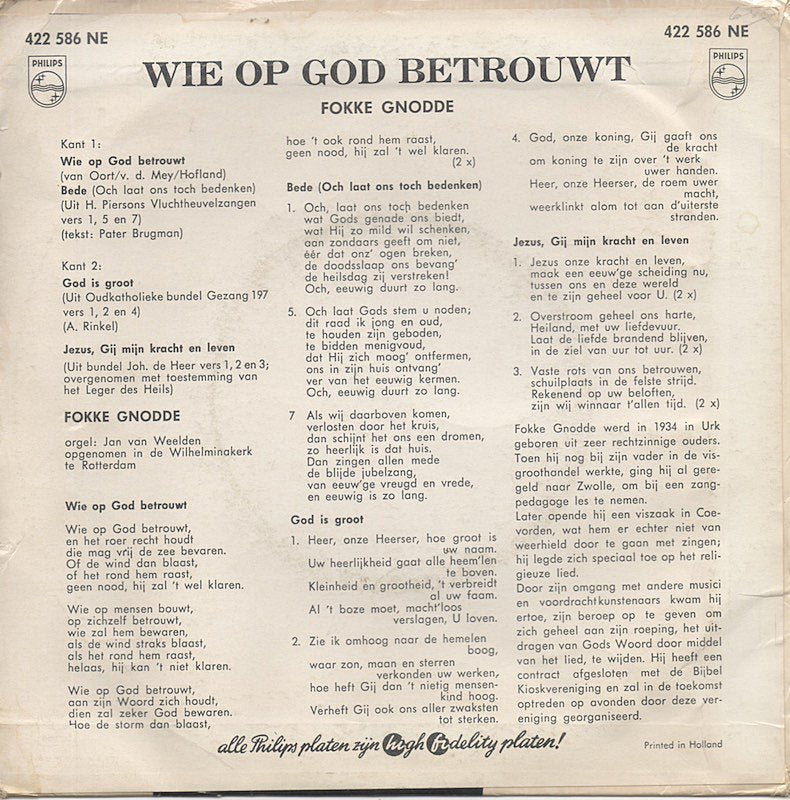 Fokke Gnodde - Wie Op God Betrouwt 18984 Vinyl Singles EP Vinyl Goed / Hoes Goed