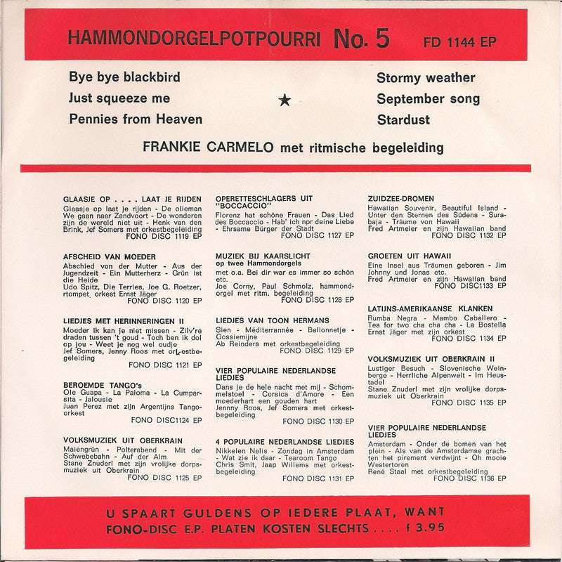 Frankie Carmelo - Hammondorgelpotpourri No. Vinyl Singles EP Vinyl Zeer Goed / Hoesje Goed "VINYLSINGLES.NL"