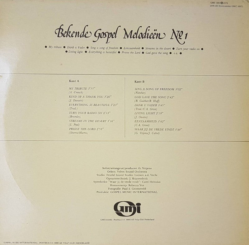 Ge Vrijens - Bekende Gospel Melodieen No. 1 (LP) Vinyl LP Vinyl Zeer Goed / Hoes Goed "VINYLSINGLES.NL"