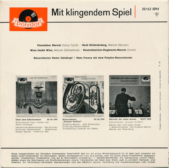 Blasorchester Hanns Steinkopf / Hans Freese Mit Dem Polydor-Blasorchester - Mit Klingendem Spiel Vinyl Singles EP Vinyl Zeer Goed / Hoesje Goed "VINYLSINGLES.NL"