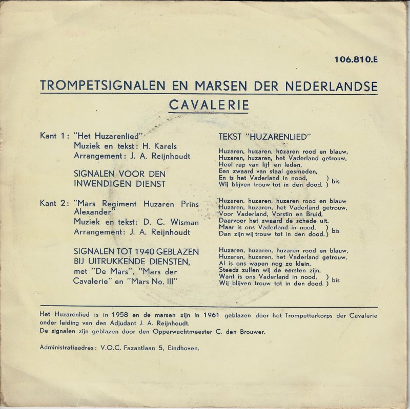 Trompetterkorps Der Cavalerie - Trompetsignalen En Marsen Der Nederlandse Cavalerie 13553 Vinyl Singles Vinyl Goed / Hoes Goed