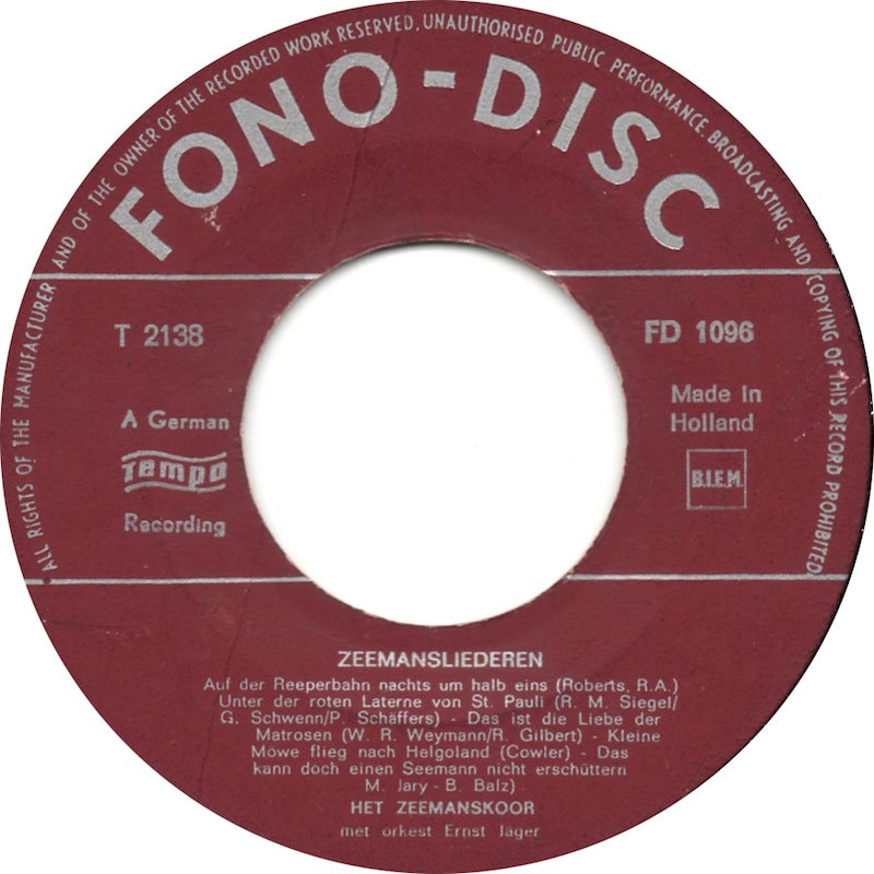 Ernst Jäger Und Sein Orchester - Zeemansliederen Vinyl Singles Vinyl Zeer Goed / Hoesje Generic "VINYLSINGLES.NL"