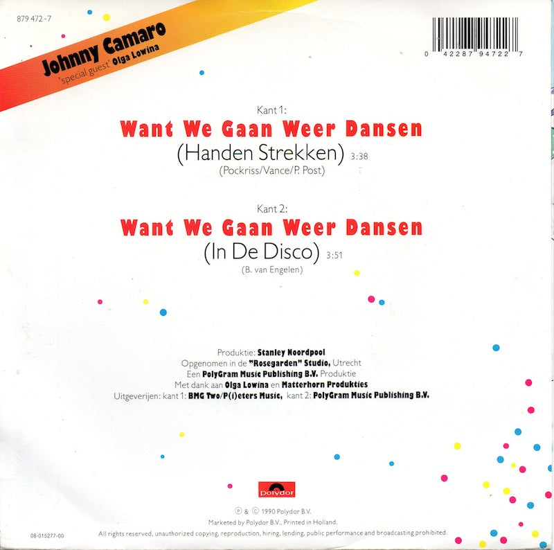 Johnny Camaro 'Special Guest' Olga Lowina - Want We Gaan Weer Dansen 16136 10288 Vinyl Singles Vinyl Goed / Hoes Goed